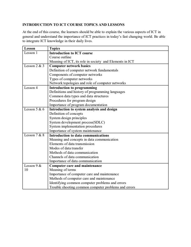 Page 1 – Introduction to ICT course topics and lesson plan – Kenyaplex