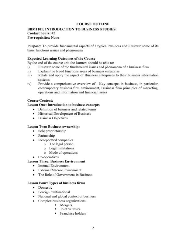 Page 1 – BBM 1101: Introduction to Business Studies Notes – Kenyaplex
