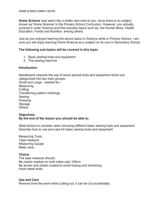 Page 1 – Form 1 Home Science Notes – Kenyaplex