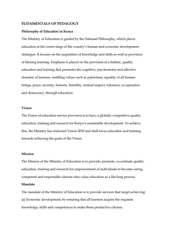 Page 1 – Fundamentals of Pedagogy 1st Year Notes – Kenyaplex