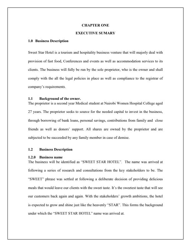 Page 4 – Sample Hotel Business Plan – Kenyaplex