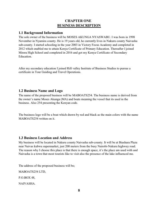 Page 2 – Sample Tour Company Business Plan – Kenyaplex