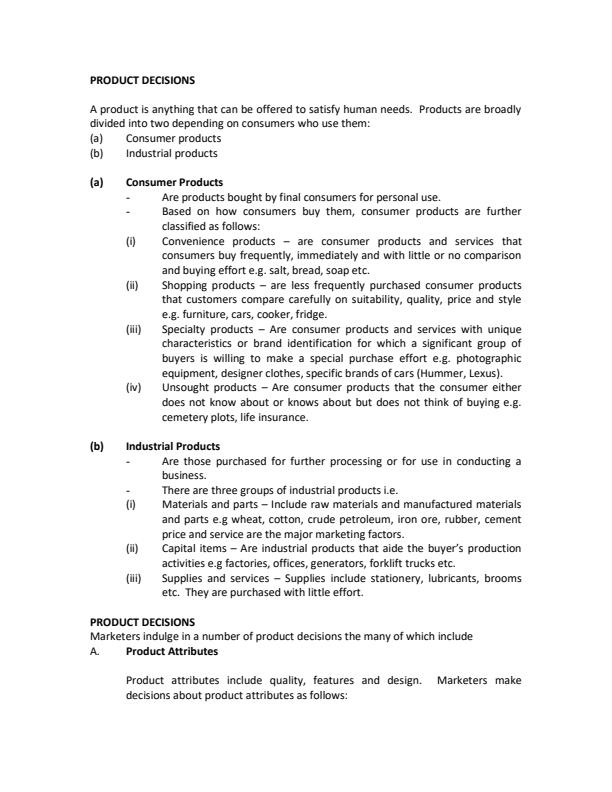 Page 1 – Principles of Marketing Notes: Product, Price and Promotion Decision – Kenyaplex