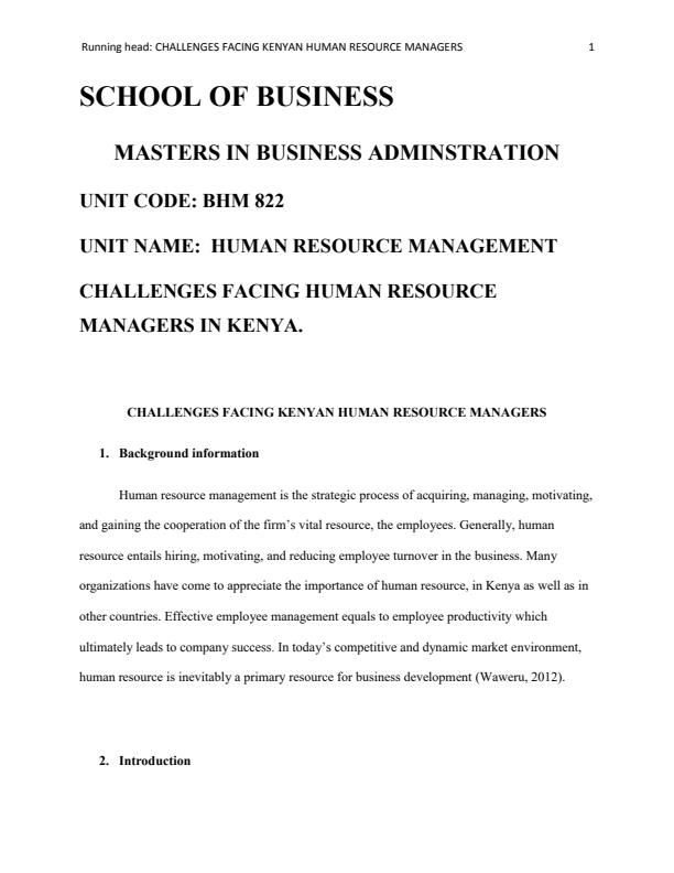 Page 1 – Explain the challenges facing Human Resource Managers in Kenya  - BHM 822: Human Resource Management – Kenyaplex