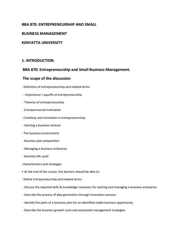 Page 1 – BBA 870: Entrepreneurship and Small Business Management Notes – Kenyaplex