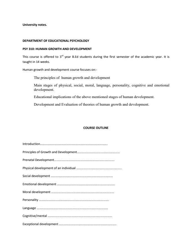 Page 1 – PSY 310: Human Growth and Development Notes – Kenyaplex