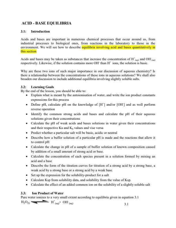 Page 1 – SCH 101: Introduction to Physical Chemistry Notes on Acid-Base Equilibria – Kenyaplex
