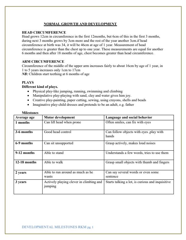 Page 1 – KMTC Paediatrics: Developmental Milestones Notes – Kenyaplex