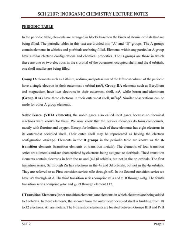 Page 1 – SCH 2107: Inorganic Chemistry Notes – Kenyaplex