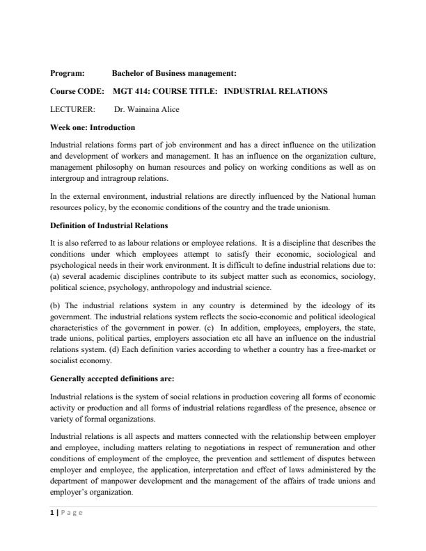 Page 1 – MGT 414: Industrial Relations Notes – Kenyaplex