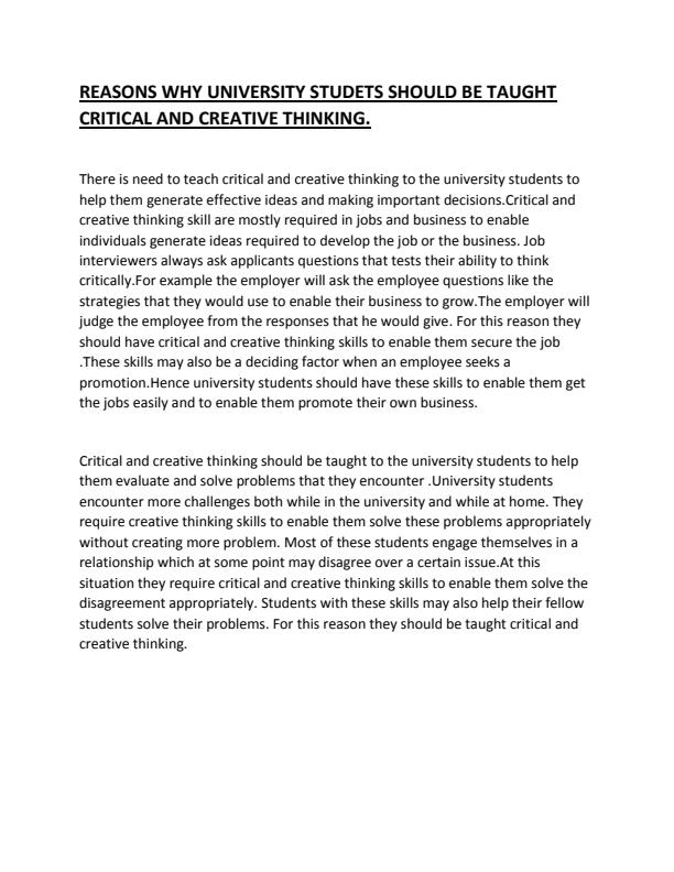 Page 1 – Reasons why university students should be taught critical and creative thinking – Kenyaplex