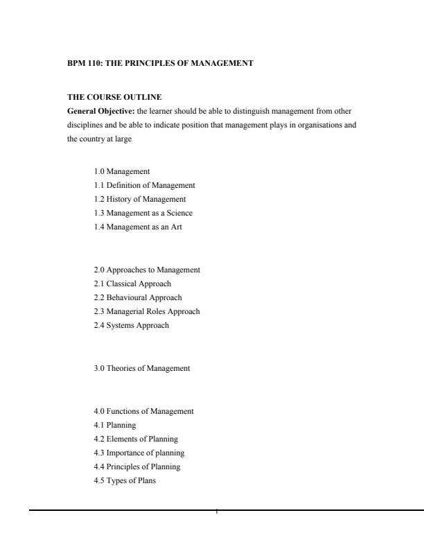 Page 1 – BPM 110: Theory and Practice of Management Notes 1st Year – Kenyaplex