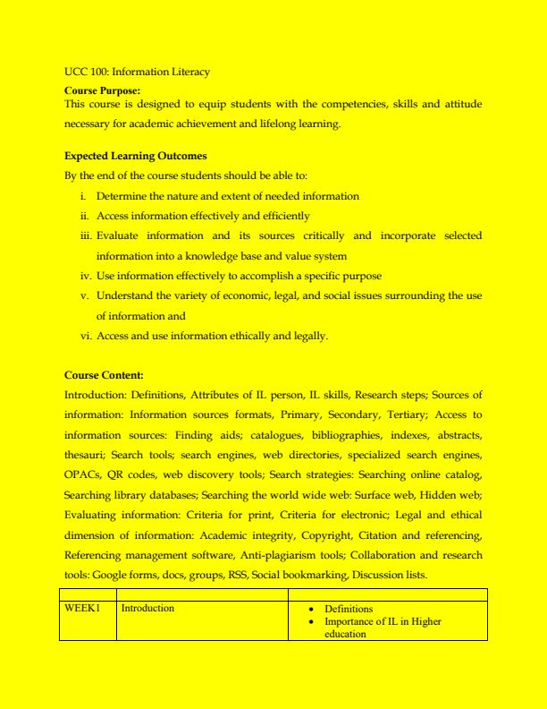 Page 1 – UCC 100: Information Literacy Course Outline For First Years – Kenyaplex