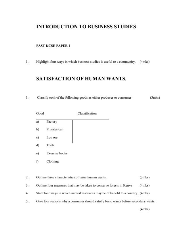 Business Studies Past KCSE Exams Paper 1 and Paper 2 Questions and