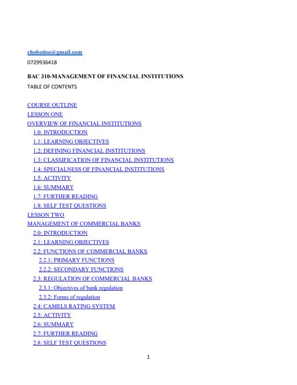 Page 1 – BAC 310: Management of Financial Institutions Notes – Kenyaplex