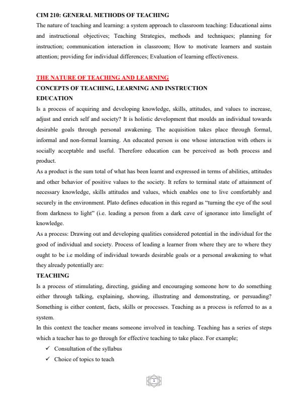 Page 1 – CIM 210: General Methods of Teaching Notes – Kenyaplex