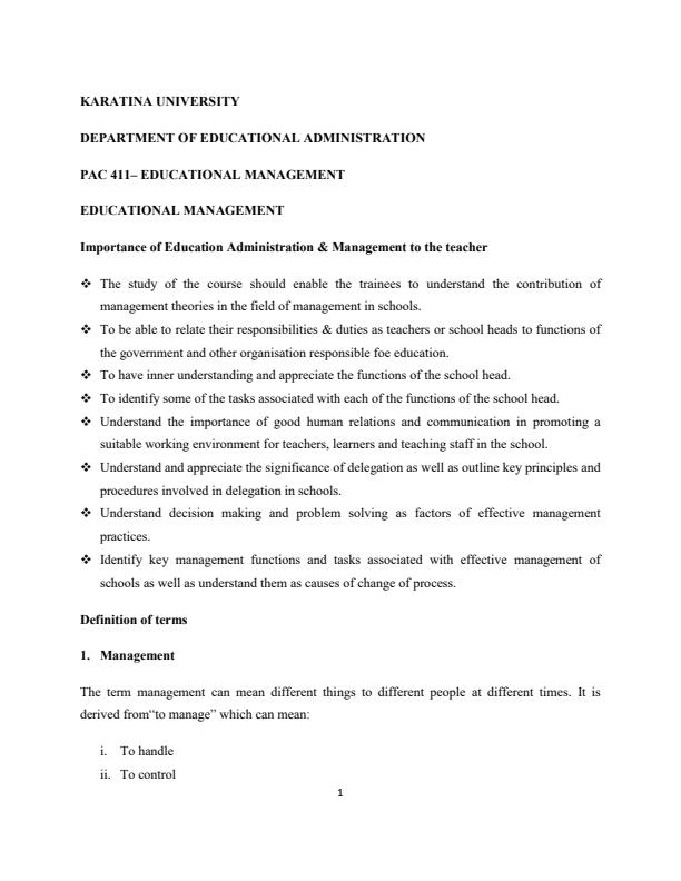 Page 1 – PAC 411: Educational Management Notes – Kenyaplex