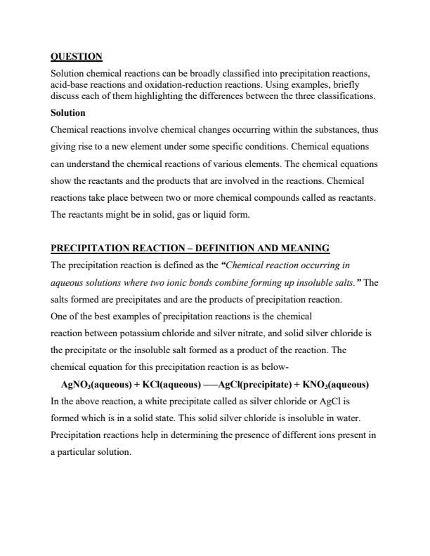Page 1 – Briefly discuss precipitation reactions, acid-base reactions and oxidation-reduction reactions – Kenyaplex