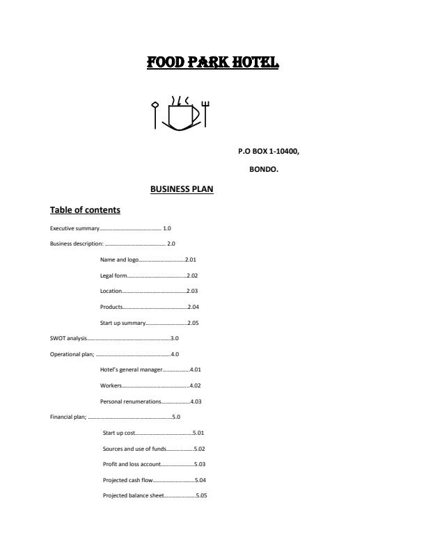 Page 1 – EBP 3321:Entrepreneurship,  Assignment 3rd year. Sample Hotel Business Plan – Kenyaplex