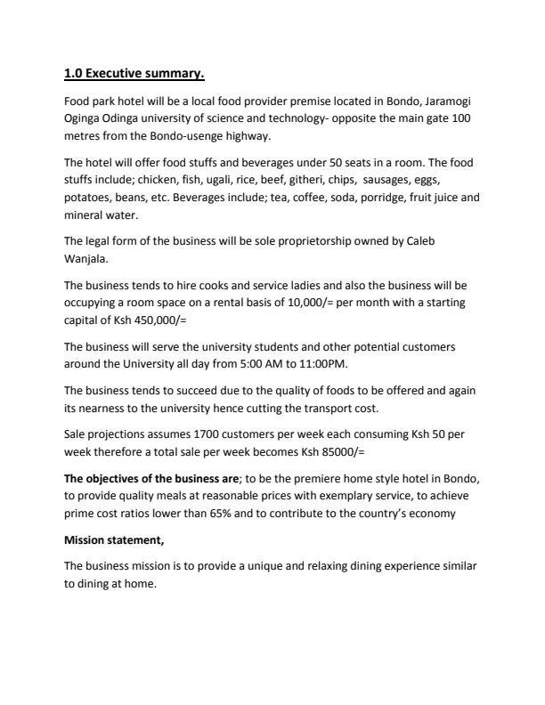 Page 2 – EBP 3321:Entrepreneurship,  Assignment 3rd year. Sample Hotel Business Plan – Kenyaplex