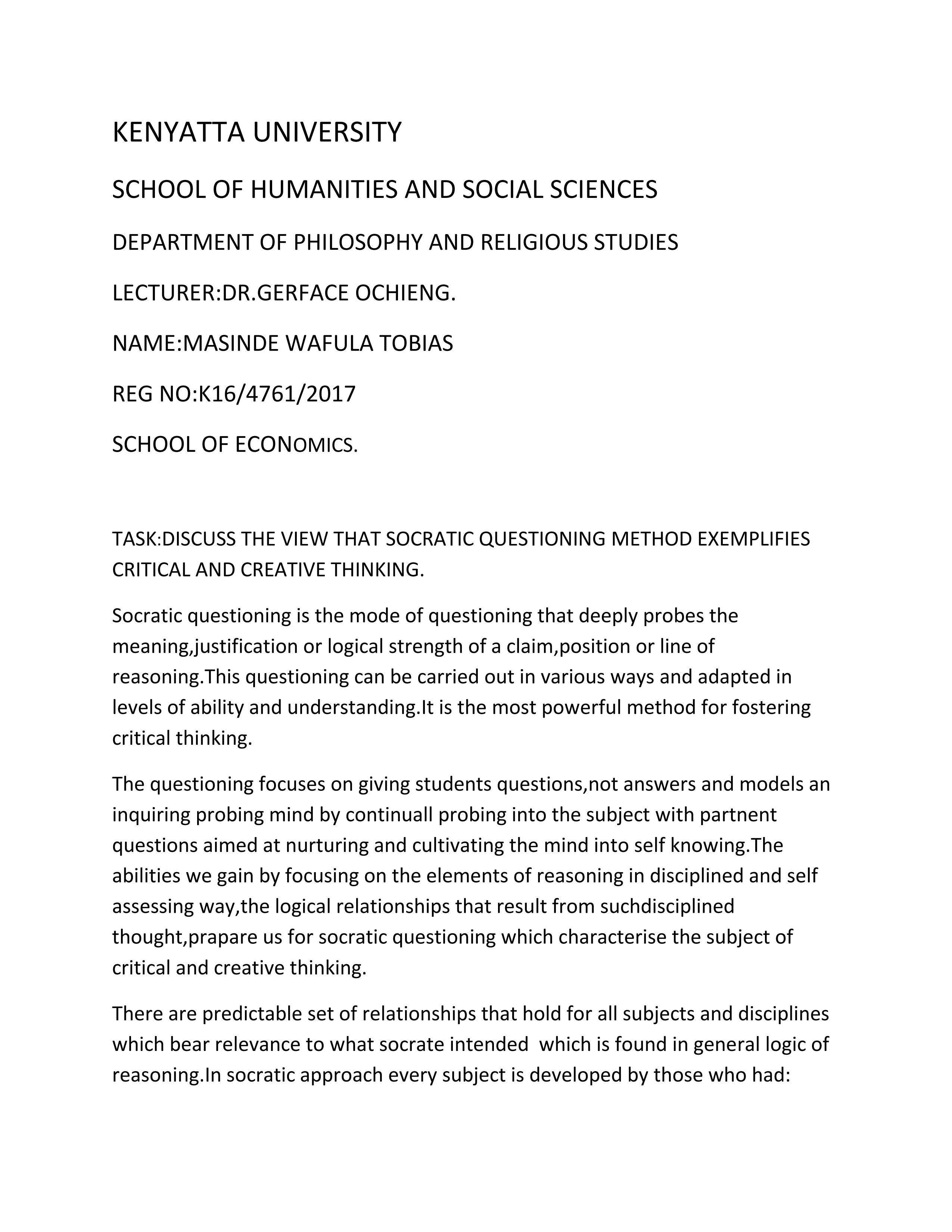 Page 1 – ISC 211: Discuss the view that socratic questioning method exemplifies critical and creative thinking – Kenyaplex