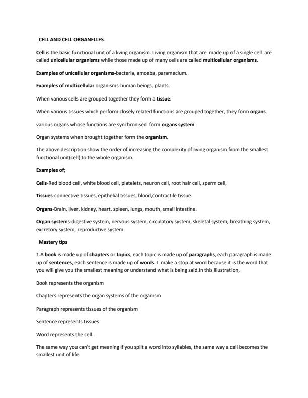 Page 1 – Biology Form One Notes on Cell and Cell Organelles – Kenyaplex