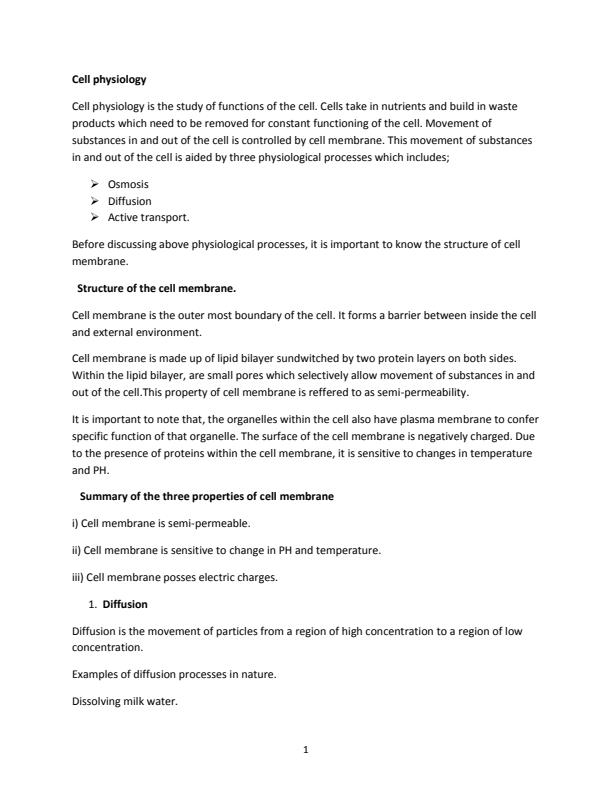 Page 1 – Form 1 Biology notes: Cell physiology – Kenyaplex