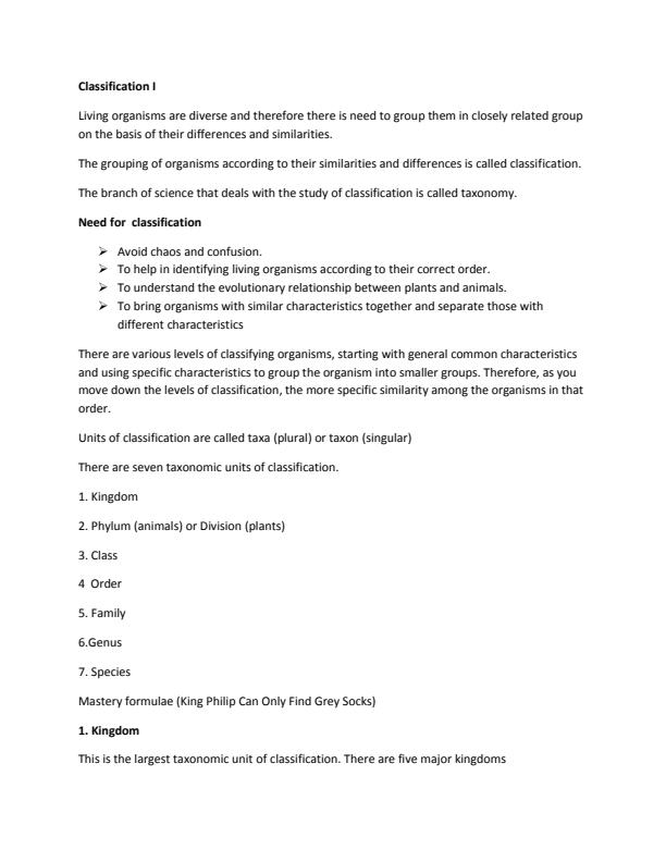 Page 1 – Biology Form One Class Notes: Classification I – Kenyaplex