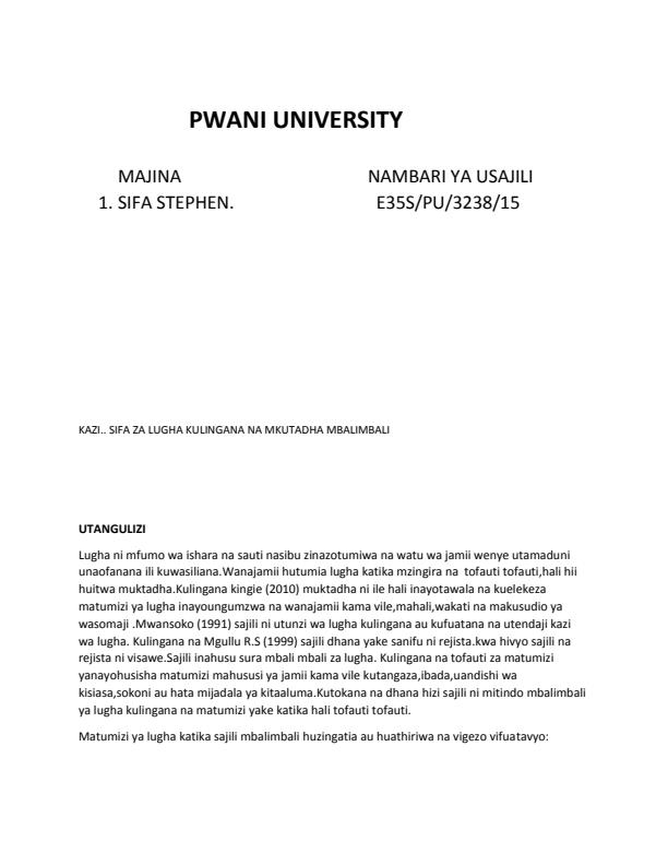 Page 1 – Pwani University ALK B 401 Sociolinguistics (isimu jamii) lecture notes. – Kenyaplex