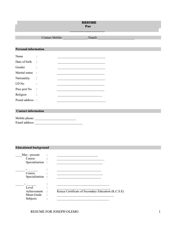 Page 1 – English Form Four Resume Template – Kenyaplex