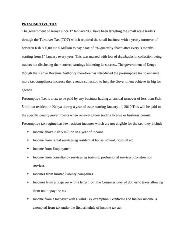 Page 1 – BAC 304 Fundamentals of Taxation - Presumptive Tax – Kenyaplex