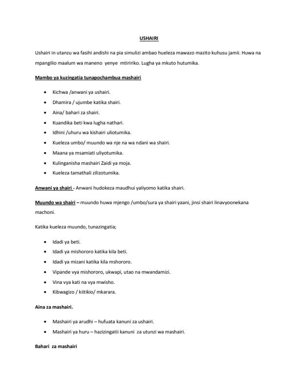 Page 1 – High school Kiswahili notes on Ushairi – Kenyaplex