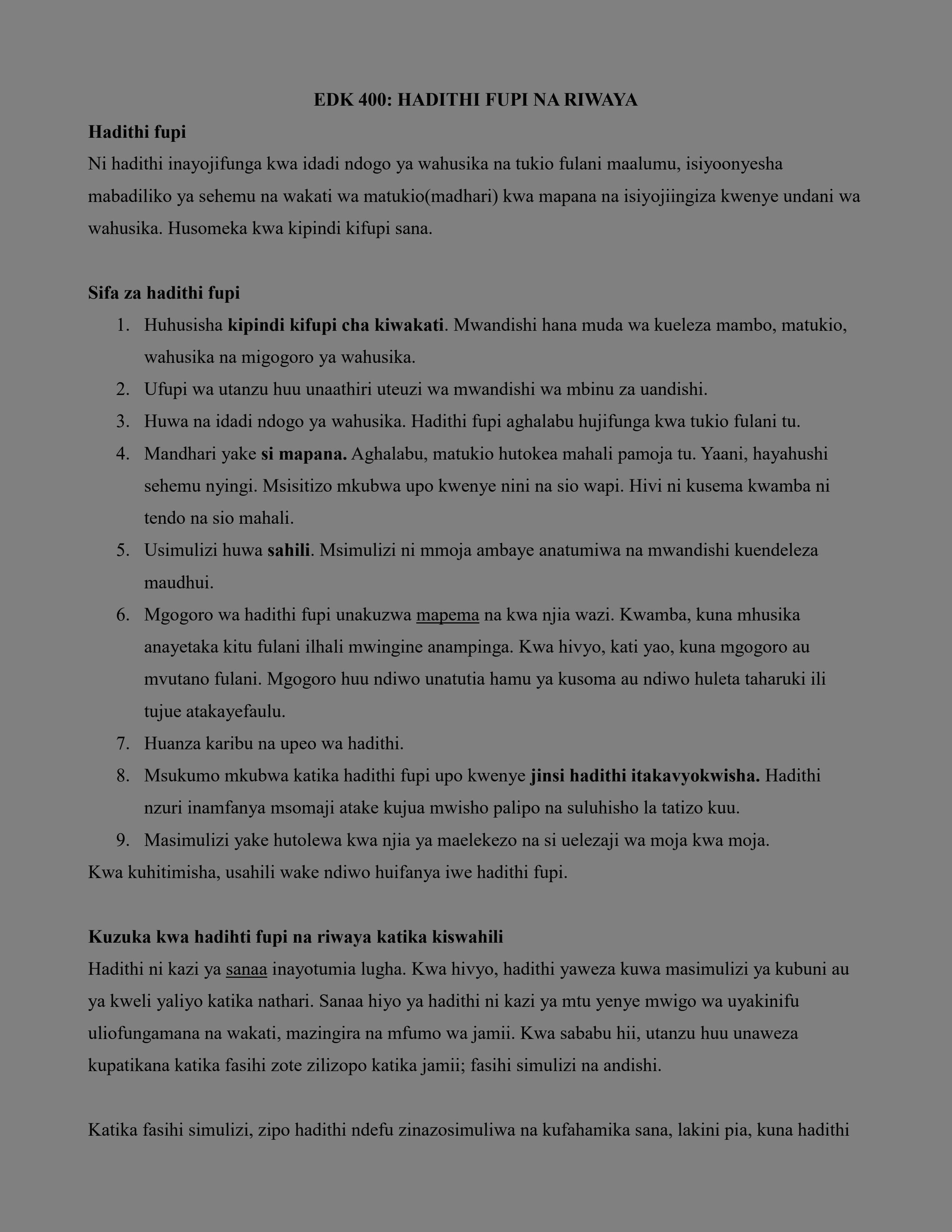 Page 1 – EDK 400: HADITHI FUPI NA RIWAYA – Kenyaplex