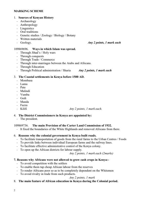 Page 2 – History and Government Paper 1 Revision Questions and Answers 2020 prediction – Kenyaplex