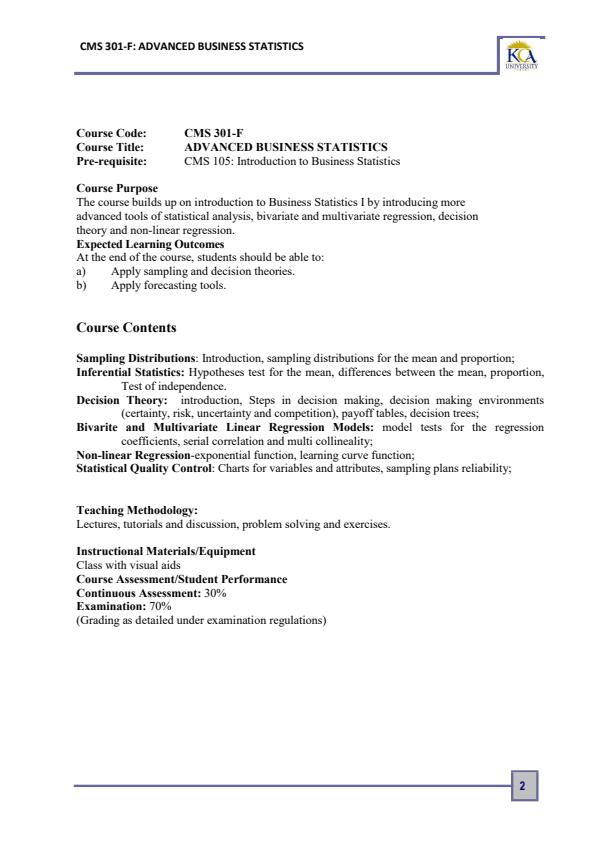 Page 1 – CMS 301-F: Advanced Business Statistics Notes – Kenyaplex