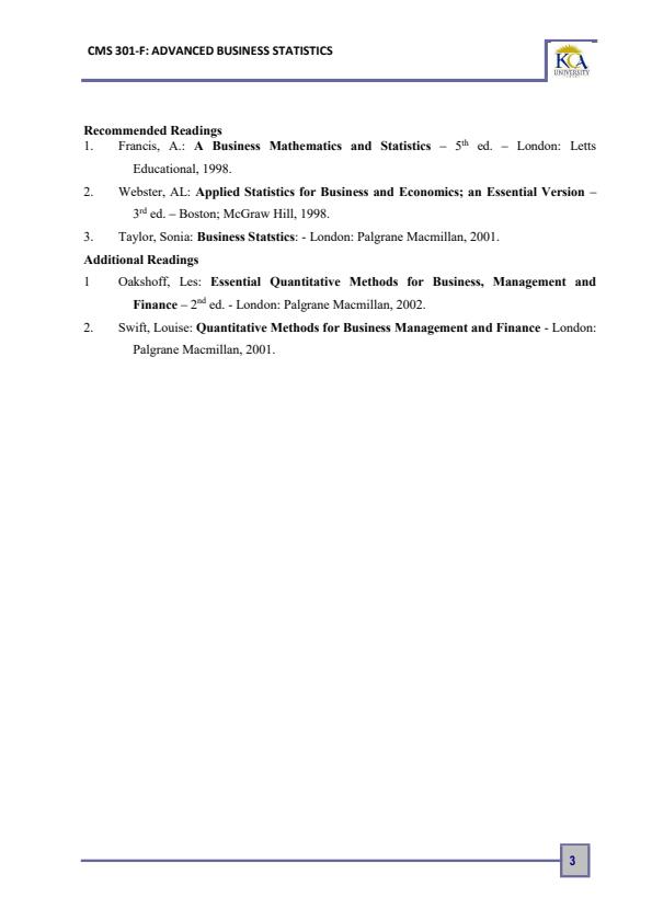 Page 2 – CMS 301-F: Advanced Business Statistics Notes – Kenyaplex