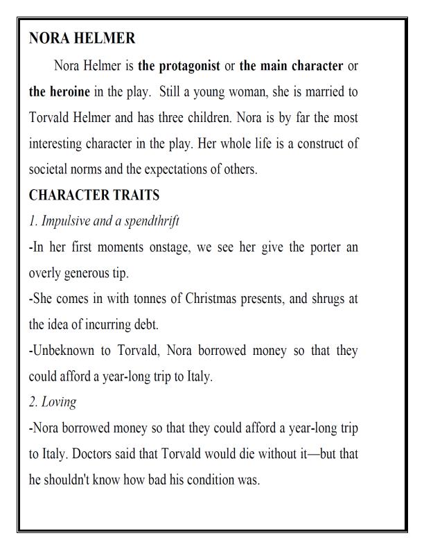 Character Traits, Characterization and Roles of Various Characters of