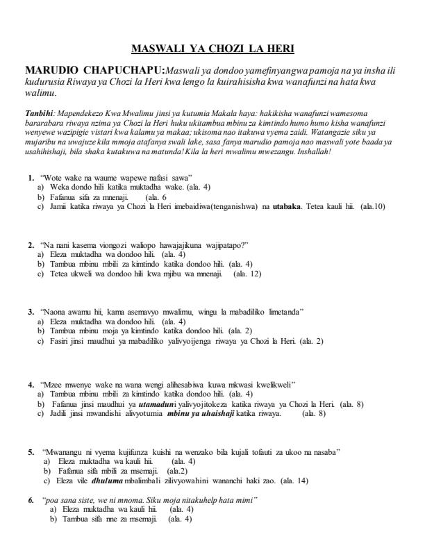 Page 1 – Maswali Mbalimbali Kwa Kila Sura Ya Chozi La Heri – Kenyaplex