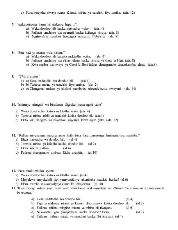 Page 2 – Maswali Mbalimbali Kwa Kila Sura Ya Chozi La Heri – Kenyaplex