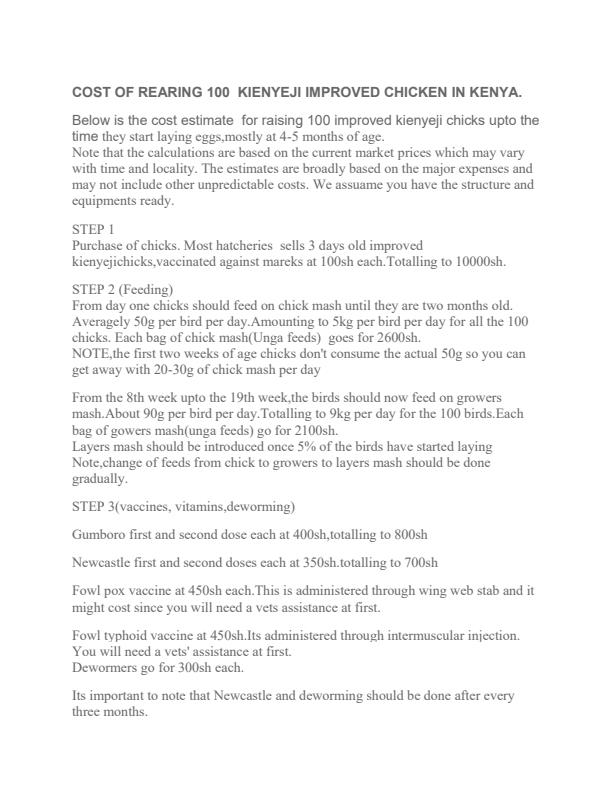 Page 1 – Estimated Cost of Rearing 100 Improved Kienyeji/Kuroiler Chicken in Kenya – Kenyaplex