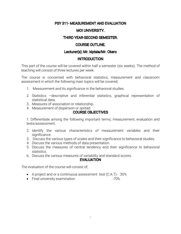 Page 1 – PSY 311: Measurement and Evaluation Notes – Kenyaplex