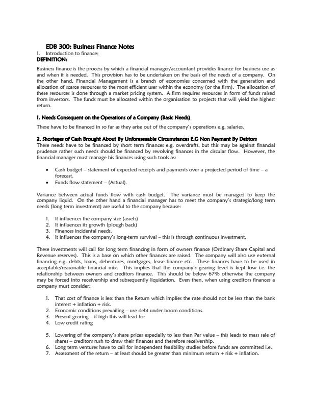 Page 1 – EDB 300: Business Finance Notes – Kenyaplex