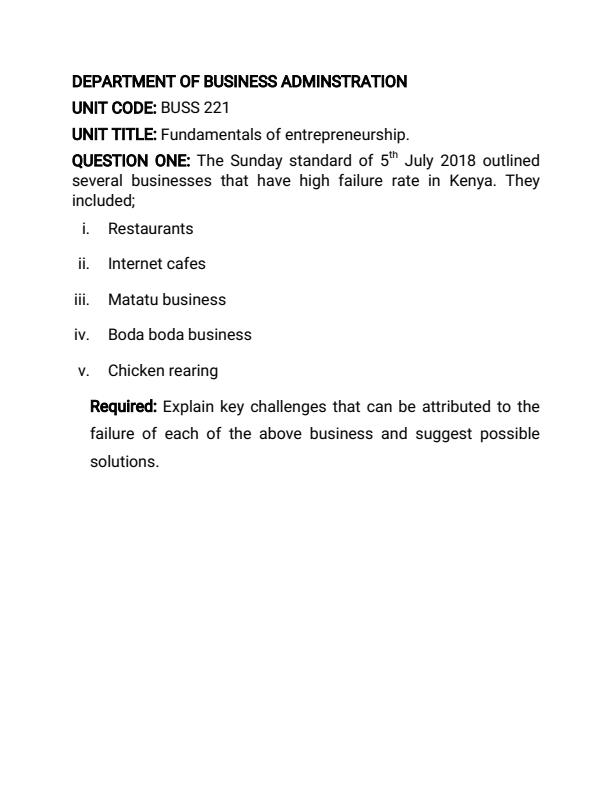 Page 1 – Explain key challenges that can be attributed to the failure of each of the following businesses and suggest possible solutions(i) Restaurants... – Kenyaplex