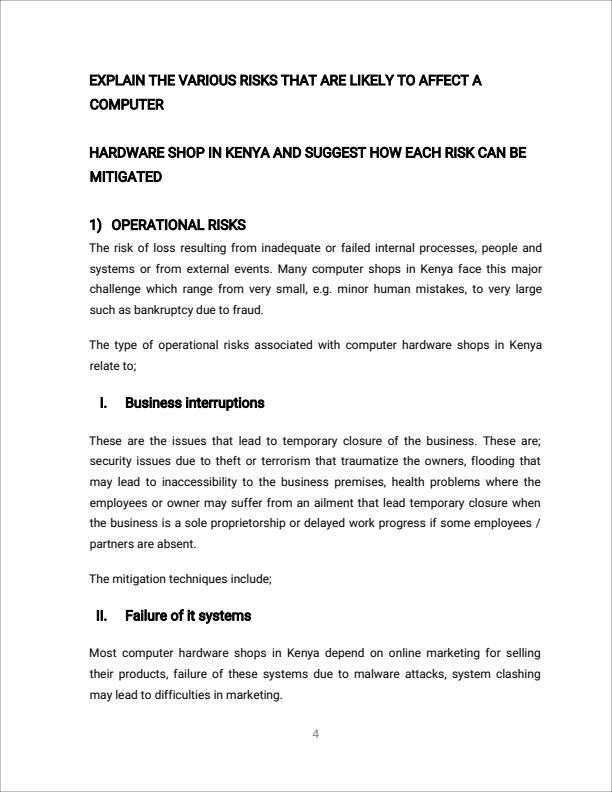 Page 1 – Explain the various risks that are likely to affect a computer hardware shop in Kenya and suggest how  each risk can be mitigated – Kenyaplex