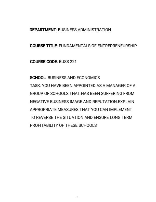 Page 1 – Explain appropriate measures that you can implement to reverse negative business image and reputation – Kenyaplex