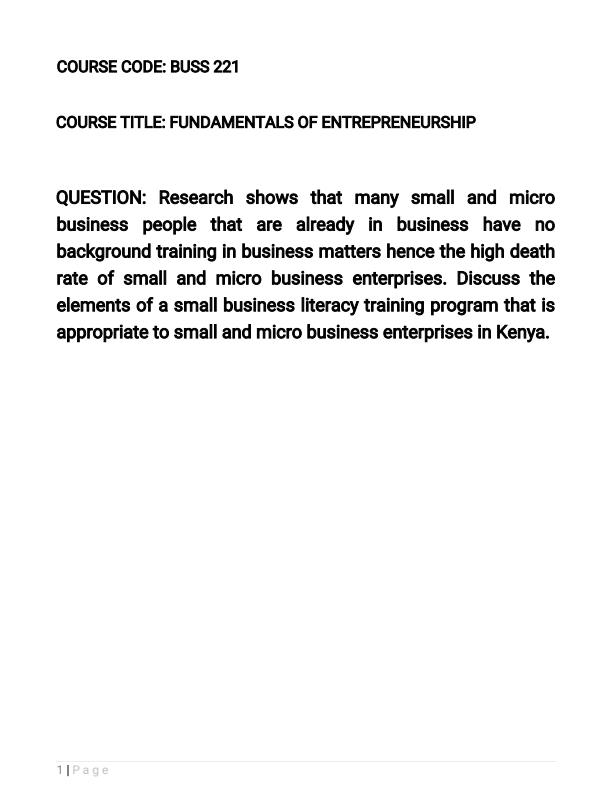 Page 1 – Discuss the elements of a small business literacy training program that is appropriate to  small and micro business enterprises in Kenya – Kenyaplex