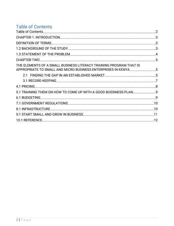 Page 2 – Discuss the elements of a small business literacy training program that is appropriate to  small and micro business enterprises in Kenya – Kenyaplex