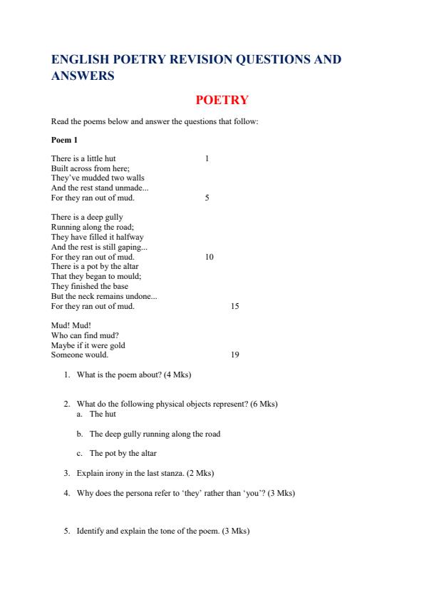 Page 1 – Poetry Revision Questions and Answers – Kenyaplex