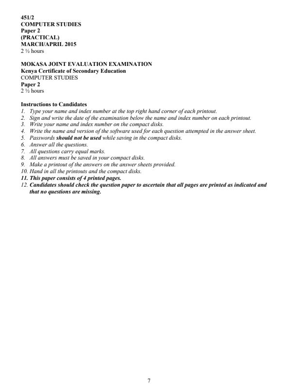 Page 3 – Computer Studies Paper 2 Revision Booklet – Kenyaplex