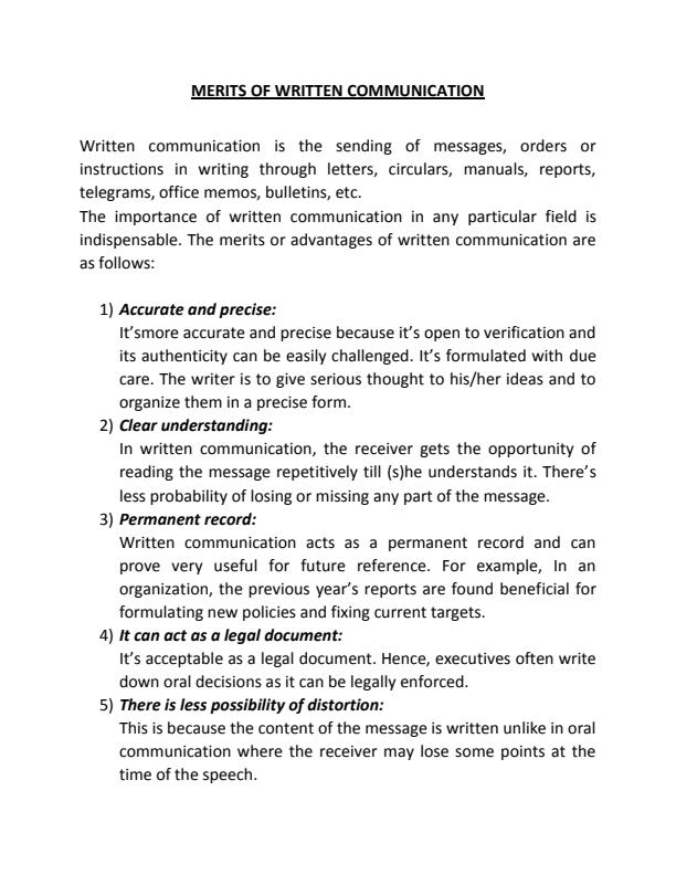 Page 1 – BMC 4106: Communication Skills Notes 1st Year - Merits of Written Communication – Kenyaplex
